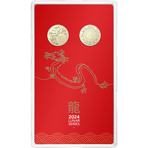 2024 $1 Year of the Dragon Al/Br Uncirculated Two Coin Set Front Packaging