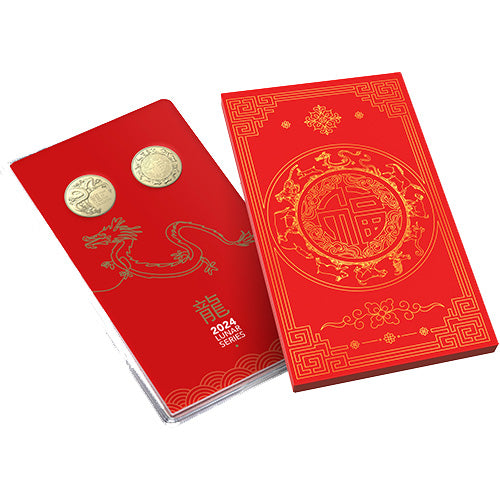 2024 $1 Year of the Dragon Al/Br Uncirculated Two Coin Set Front and Shipper