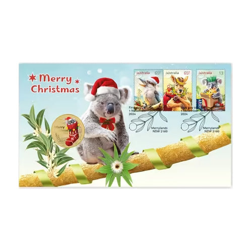 2024 $1 Merry Christmas Coloured Uncirculated Coin & Stamp Cover PNC