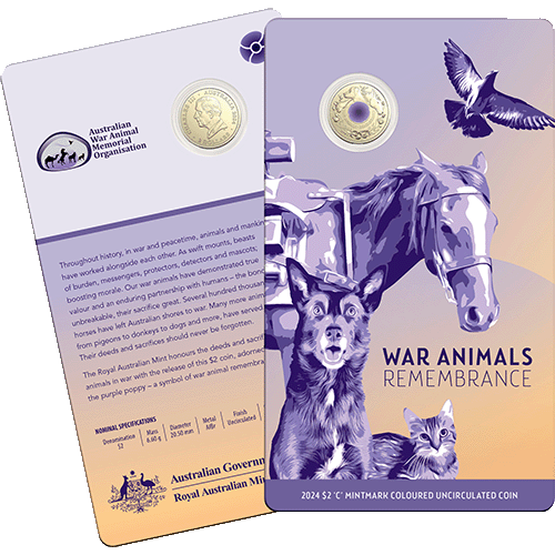 2024 $2 War Animals Remembrance C Mintmark Coloured Uncirculated Coin in RAM Card