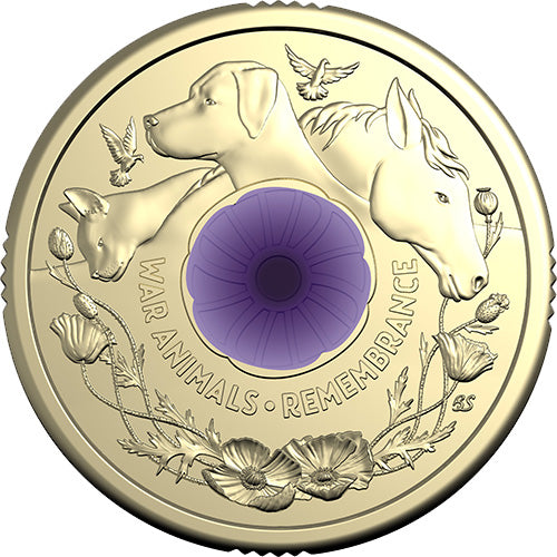 2024 $2 War Animals Remembrance Purple Poppy Coloured Uncirculated Coin Ex RAM Roll in 2x2