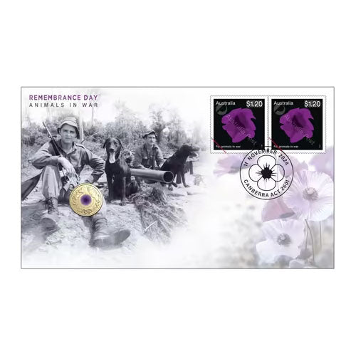 2024 $ Remembrance Day Animals in War - Purple Poppy Coin & Stamp Cover PNC