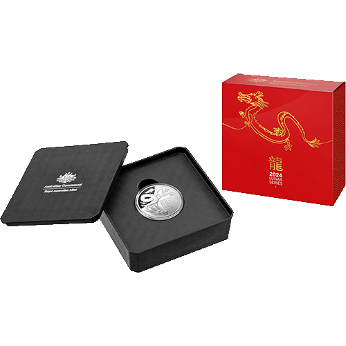 2024 $5 Year of the Dragon 1oz Silver Proof Domed Coin In CAse & Shipper