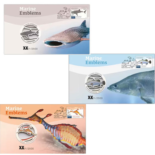 2024 Marine Emblems #2 - Seadragon, Shark, Barramundi Medallion & Stamp Cover PNC - Set of 3