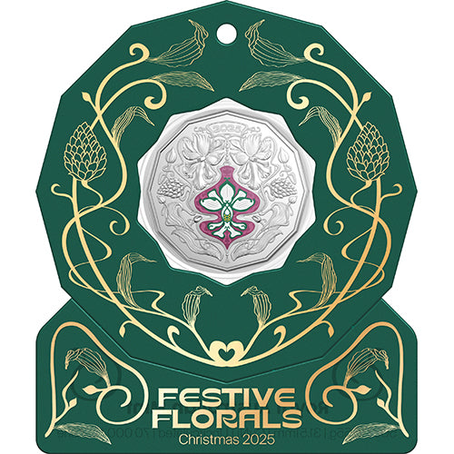 2025 50c Christmas Festive Florals Coloured Uncirculated Coin in Card - Green
