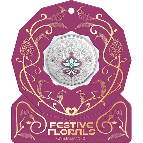 2025 50c Christmas Festive Florals Coloured Uncirculated Coin in Card - Purple
