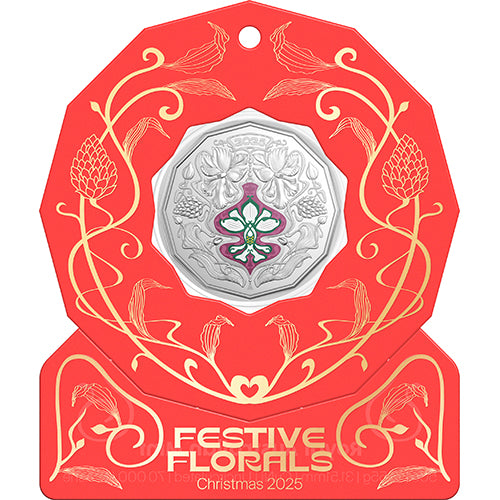 2025 50c Christmas Festive Florals Coloured Uncirculated Coin in Card - Red