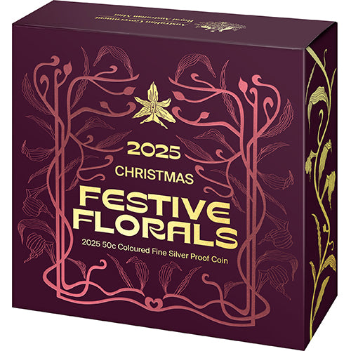 2025 50c Christmas Festive Florals Coloured Fine Silver Proof Coin - Shipper Front
