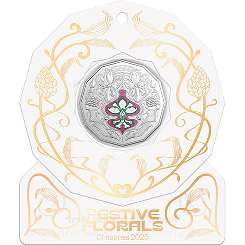 2025 50c Christmas Festive Florals Coloured Uncirculated Coin in Card - White