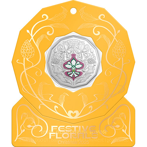 2025 50c Christmas Festive Florals Coloured Uncirculated Coin in Card - Yellow