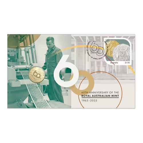 2025 $1 60th Anniversary of the Royal Australian Mint 1965 - 2025 Coin & Stamp Cover PNC
