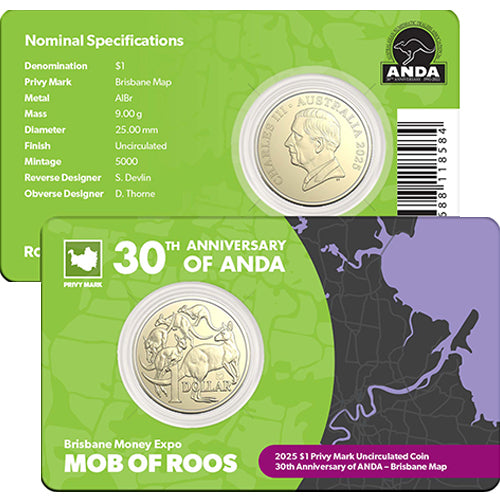 2025 $1 30th Anniversary of ANDA - Brisbane Money Expo Mob of Roos Brisbane Map Privy Mark