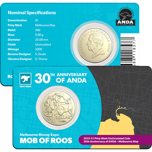 2025 $1 30th Anniversary of ANDA - Melbourne Money Expo Mob of Roos Melbourne Map Privy Mark