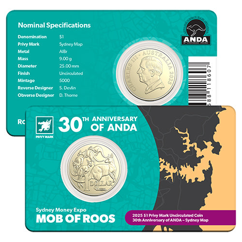 2025 $1 30th Anniversary of ANDA - Sydney Money Expo Mob of Roos Sydney Map Privy Mark Coin in Card