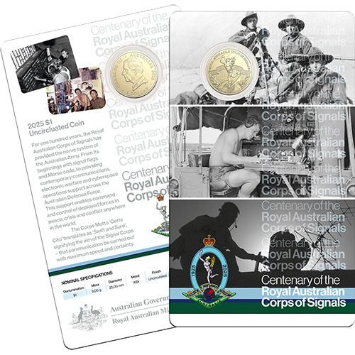 2025 $1 Centenary of Royal Australian Corps Signal Uncirculated Coin in Card