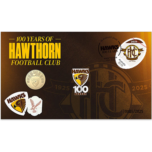 2025 $1 100 Years of Hawthorn Hawks Football Club Pin, Coin & Stamp Cover PNC 