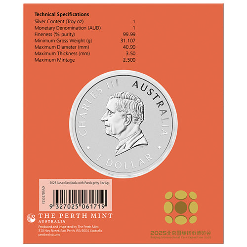 2025 $1 Beijing International Coin Exposition Australian Koala with Panda Privy 1oz Silver Coin in Card