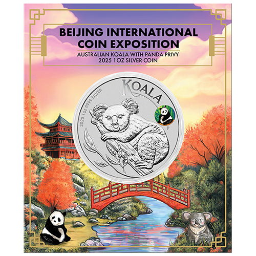 2025 $1 Beijing International Coin Exposition Australian Koala with Panda Privy 1oz Silver Coin in Card
