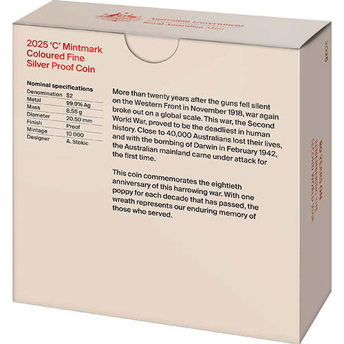 2025 $2 80 Years On : Remembering the Second World War C Mintmark Coloured Fine Silver Proof Coin