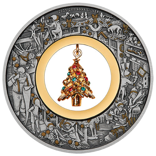 2025 $2 Santa's Workshop 2oz Silver Antiqued Coloured Coin