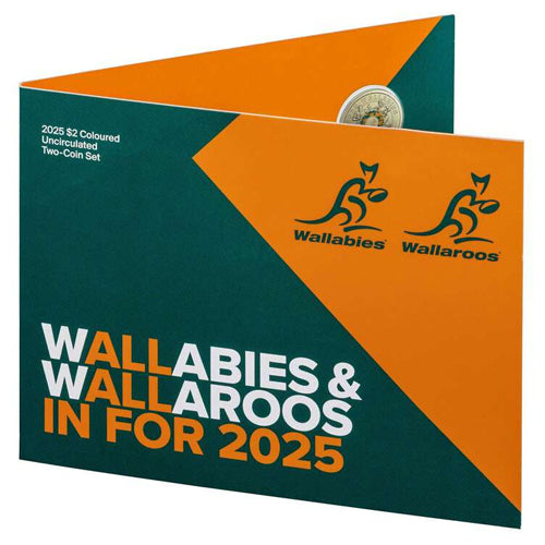 2025 $2 Wallabies & Wallaroos Coloured Aluminium Bronze Uncirculated 2 Coin Set Folder Front