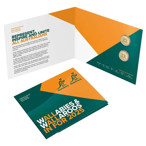 2025 $2 Wallabies & Wallaroos Coloured Aluminium Bronze Uncirculated 2 Coin Set Inside Open