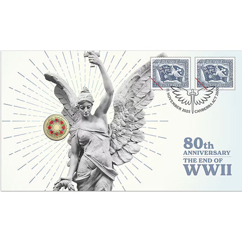 2025 $2 80 Years On : Remembering the Second World War Coloured Coin Stamp Cover PNC