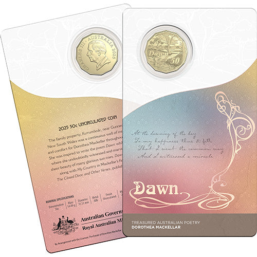 2025 50c Dorothea Mackellar - Treasured Australian Poetry - Dawn Uncirculated Coin in Card 