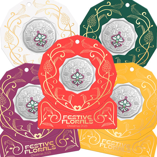 2025 50c Christmas Festive Florals Coloured Uncirculated Coin in Card - Five Colour Cards