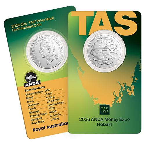 2026 20c ANDA Hobart Money Expo Tas Privy Mark Cupro-Nickel Uncirculated Coin in Card