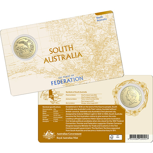 2026 25c 125 Years of Federation - South Australia Coin In Card