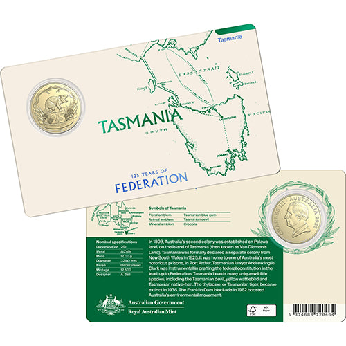 2026 25c 125 Years of Federation - Tasmania Coin In Card