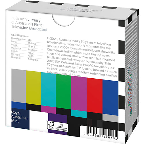 2026 50c First Television Broadcast 70th Anniversary Coloured Silver Proof Coin Shipper Back