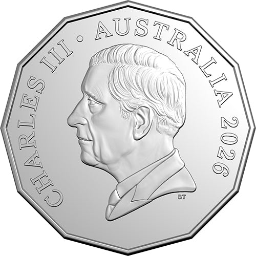 2026 50c First Television Broadcast 70th Anniversary Coloured Uncirculated Coin Obverse
