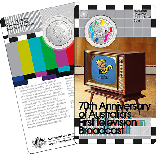 2026 50c First Television Broadcast 70th Anniversary Coloured Uncirculated Coin in Card