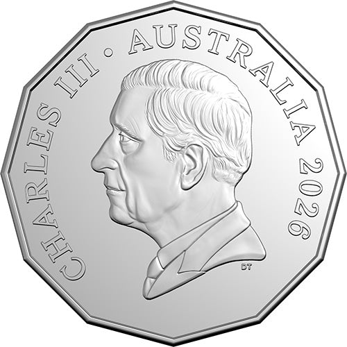 2026 50c King Charles III Effigy - Non-Premium Roll Heads/Heads or Tails/Tails RAM Roll Circulating Coin Cu/Ni Coin Obverse