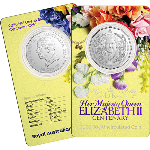 2026 50c HM Queen Elizabeth II Centenary of Birth Uncirculated Coin in RAM Card