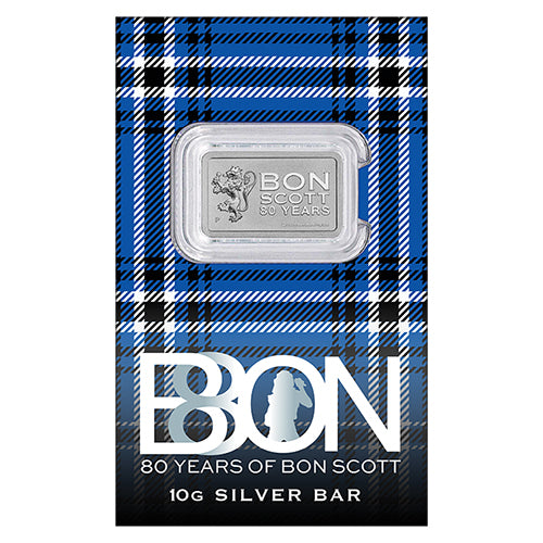 2026 Bon Scott 80th Anniversary 10g Silver Minted Bar in Card Front