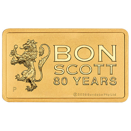 2026 Bon Scott 80th Anniversary 1g Gold Minted Bar Front