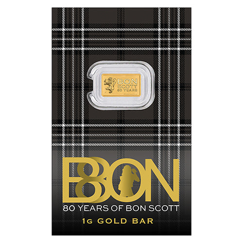 2026 Bon Scott 80th Anniversary 1g Gold Minted Bar in Card Front