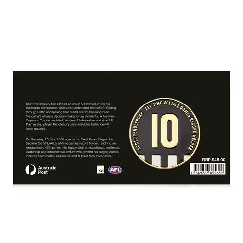 2026 Scott Pendlebury Record Breaker Medallion & Stamp Cover PNC Back