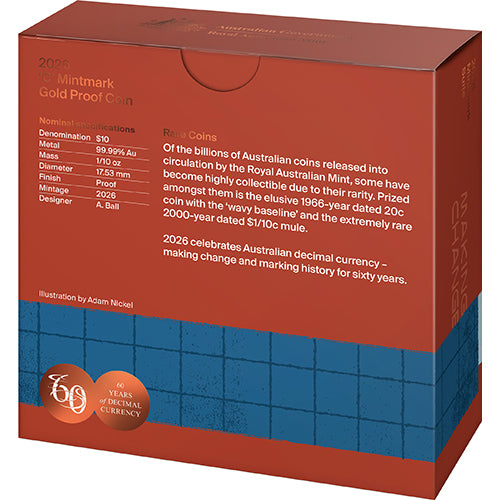 2026 $10 60th Anniversary of Decimal Currency C Mintmark Fine Gold Proof Coin