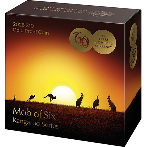 2026 $10 Kangaroo Series - Mob of Six Roos 1/10oz Gold Proof Coin Shipper Front