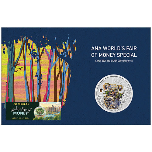 2026 $1  ANA Coin Show Australian Koala with Liberty Bell Privy 1oz Silver Coloured Coin in Card Front