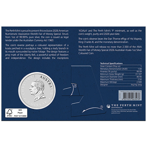2026 $1  ANA Coin Show Australian Koala with Liberty Bell Privy 1oz Silver Coloured Coin in Card Back