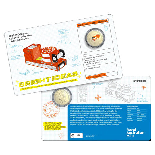 2026 Bright Ideas $1 and $2 Privy Mark Seven-Coin Collection Flight Recorder Coloured Coin in Card