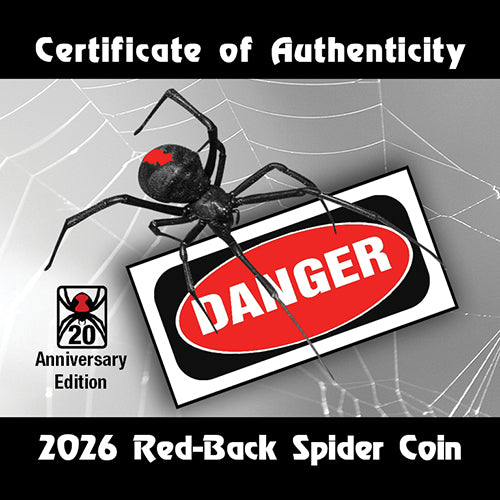 2026 $1 Deadly & Dangerous Series - Redback Spider 20th Anniversary Privymark1oz Silver Proof Coloured Coin COA Front