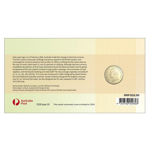 2026 $1 60 Years of Decimal Currency Coin & Stamp Cover PNC Back