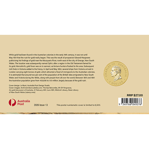 2026 $1 Australia's First Gold Rush 175th Anniversary Coin & Stamp Cover PNC (PM) Back