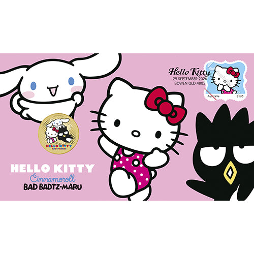 2026 $1 Hello Kitty, Cinnamoroll & Badtz-Maru Coin & Stamp Cover PNC Front